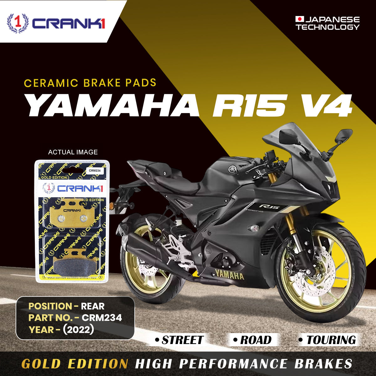 Crank1 Ceramic Brake Pads For Yamaha R15 V4 (2022) - Rear - CRM234