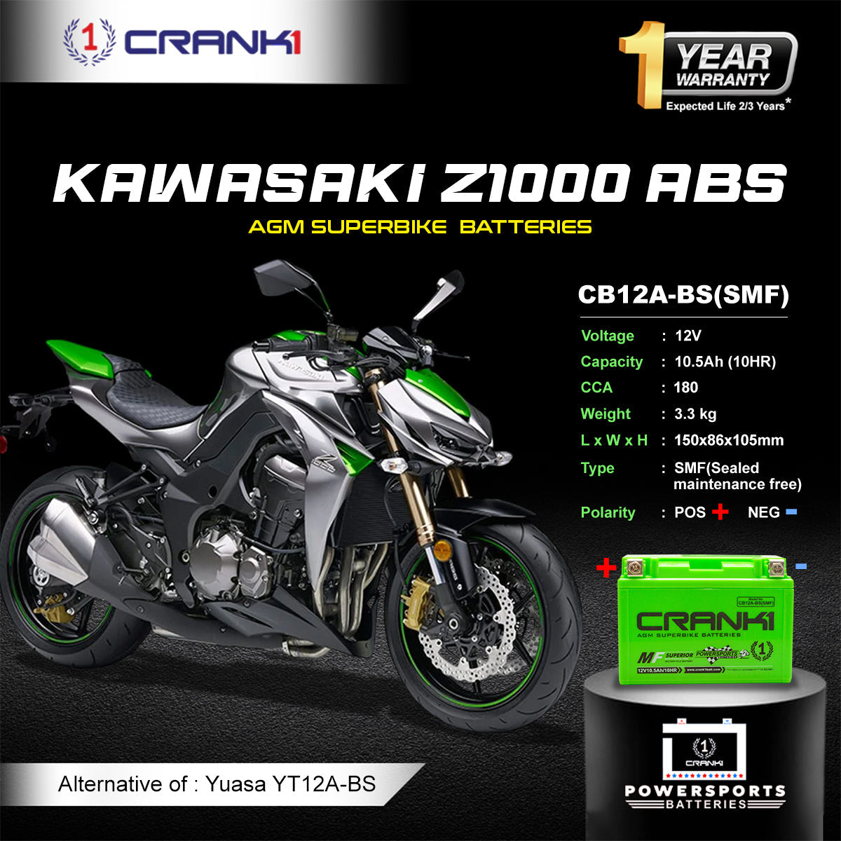 Crank1 Battery For Kawasaki Z1000 ABS (2014-2025) - CB12A-BS - Factory Activated