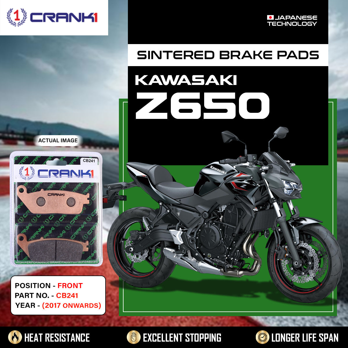 Crank1 Sintered Brake Pads For Kawasaki Z650 (2017 Onwards) - Front - CB241 - 2 Sets Required