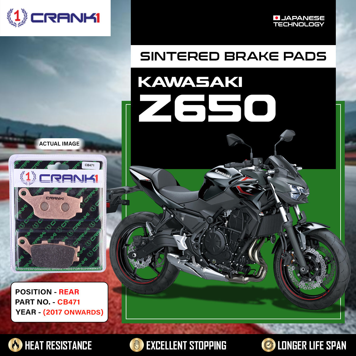 Crank1 Sintered Brake Pads For Kawasaki Z650 (2017 Onwards) - Rear - CB471
