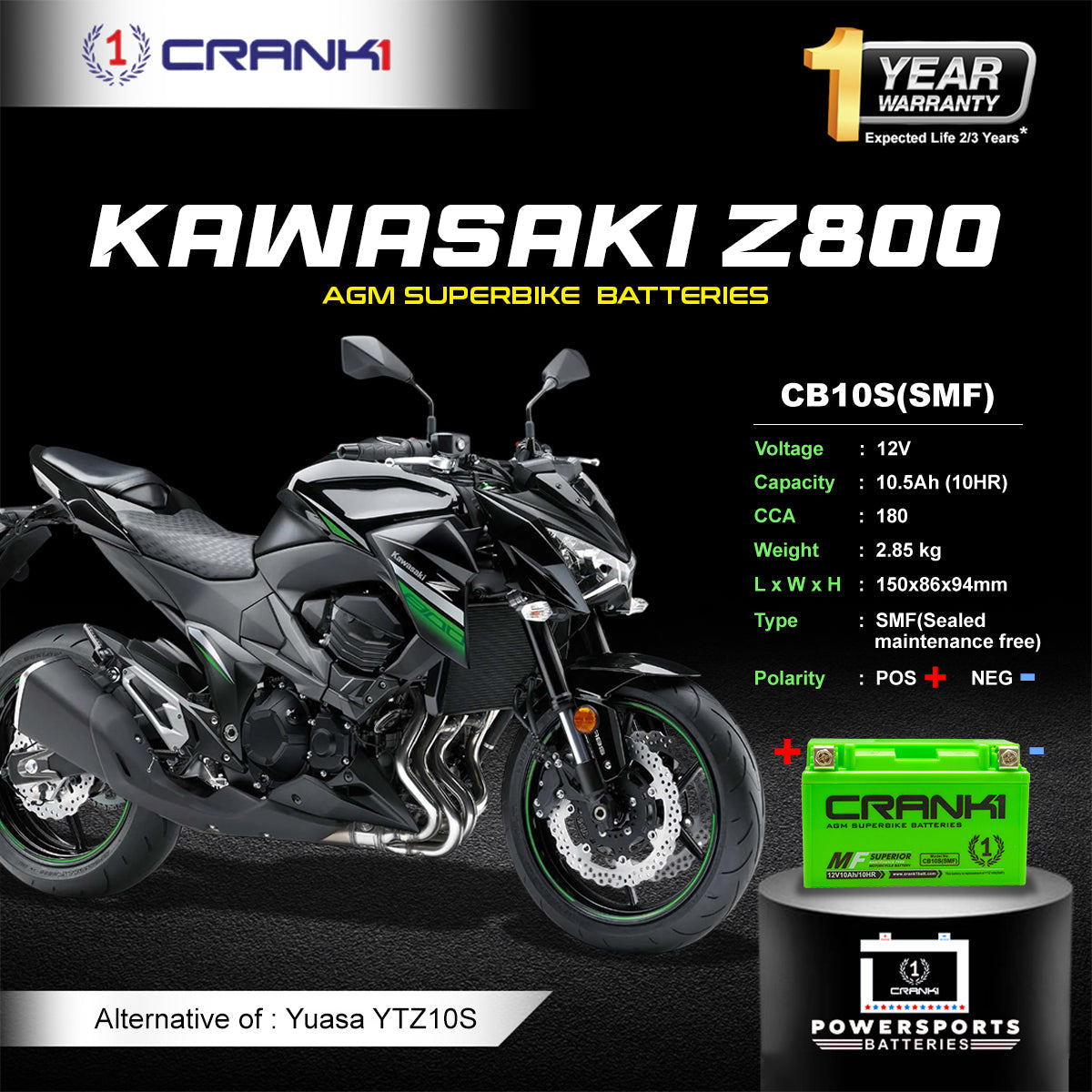 Crank1 Battery For Kawasaki Z800 (2017-2025) - CB10S - Factory Activated