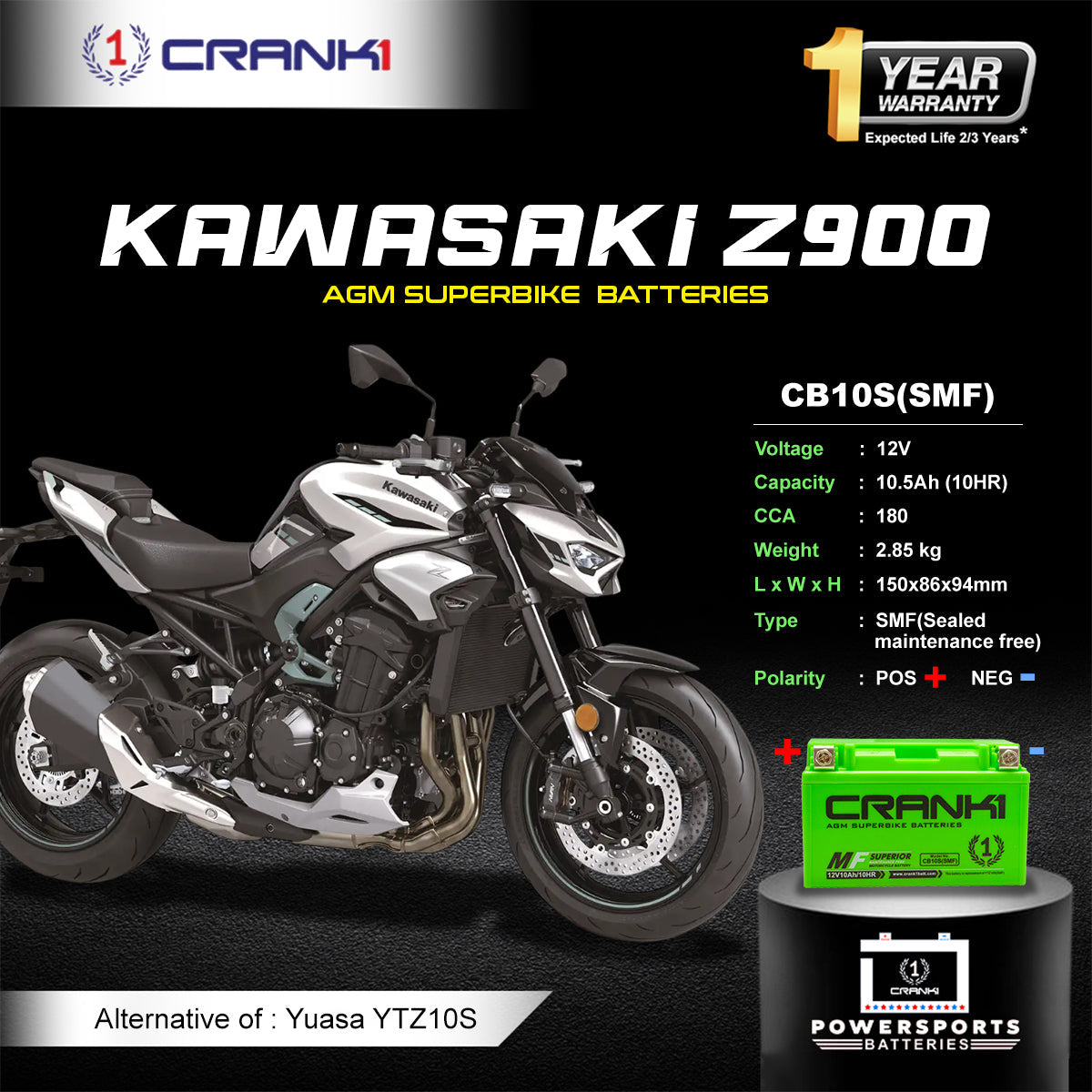 Crank1 Battery For Kawasaki Z900 (2017-2025) - CB10S - Factory Activated