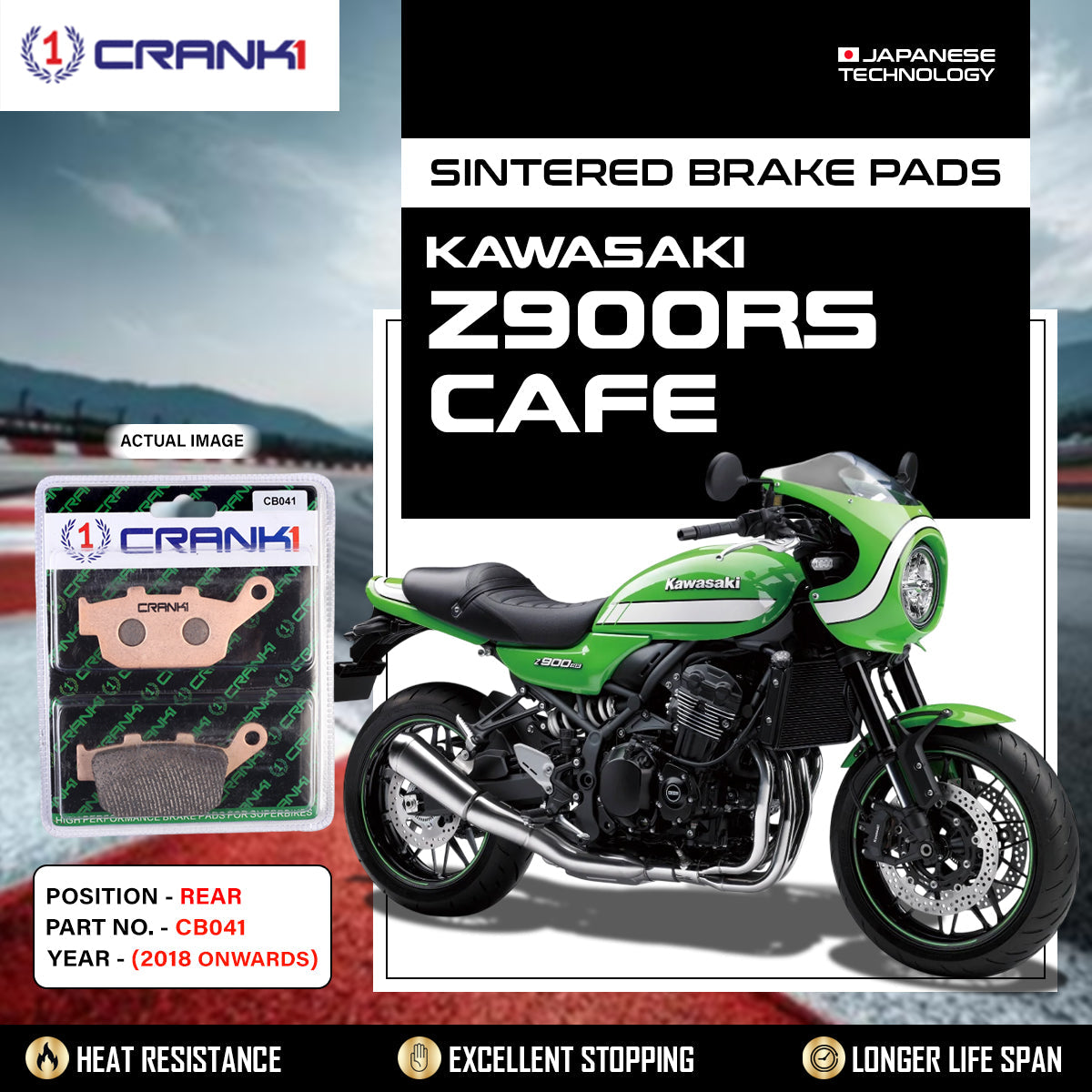 Crank1 Sintered Brake Pads For Kawasaki Z900RS Cafe (2018 Onwards) - Rear - CB041