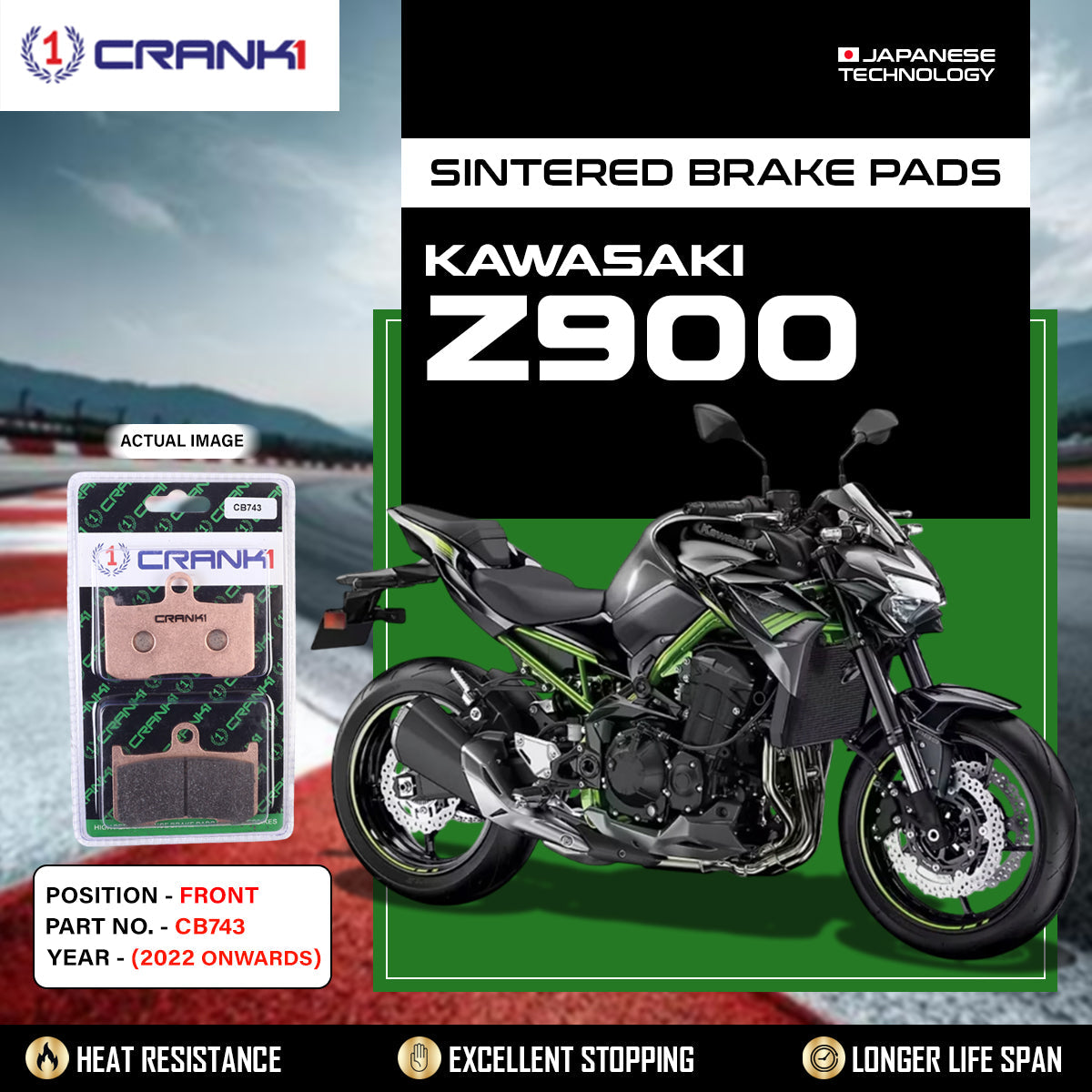 Crank1 Sintered Brake Pads For Kawasaki Z900 (2022 Onwards) - Front - CB743 - 2 Sets Required