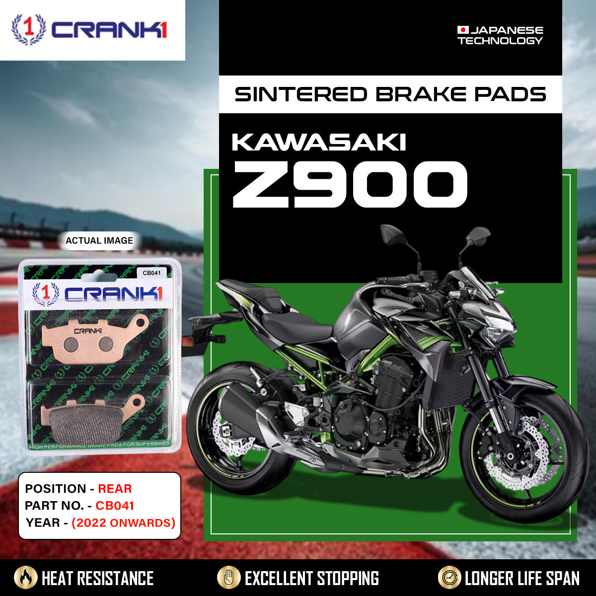 Crank1 Sintered Brake Pads For Kawasaki Z900 (2022 Onwards) - Rear - CB041