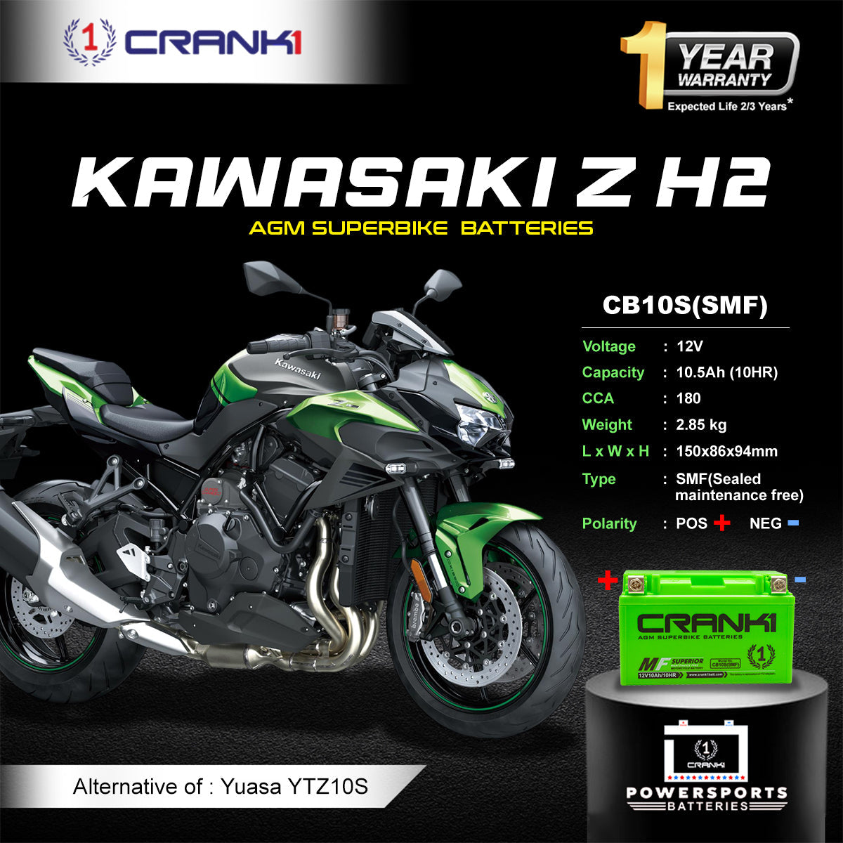 Crank1 Battery For Kawasaki Z H2 (2022-2025) - CB10S - Factory Activated