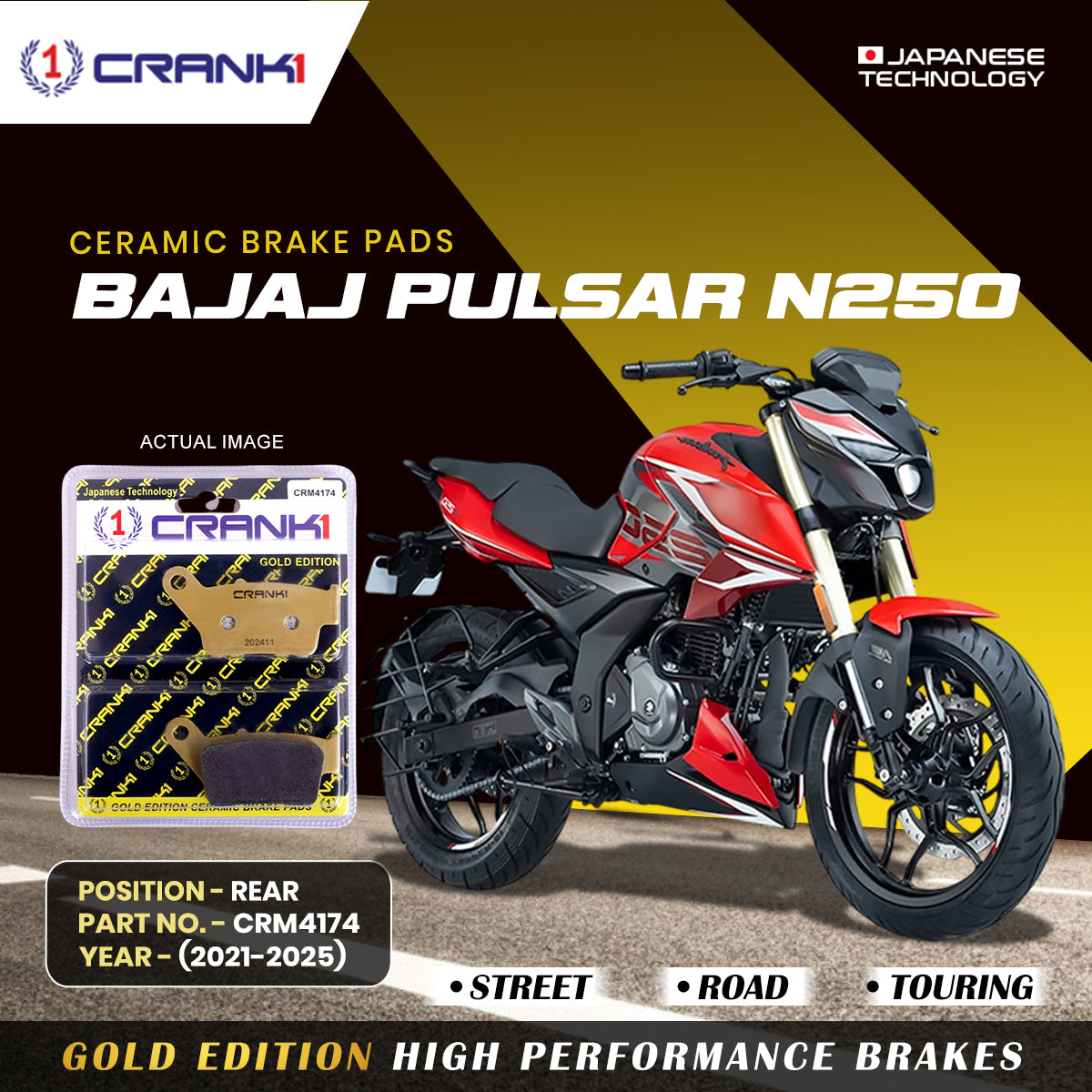 Crank1 Ceramic Brake Pads For Bajaj Pulsar N250 (2021-2025) - Rear - CRM4174