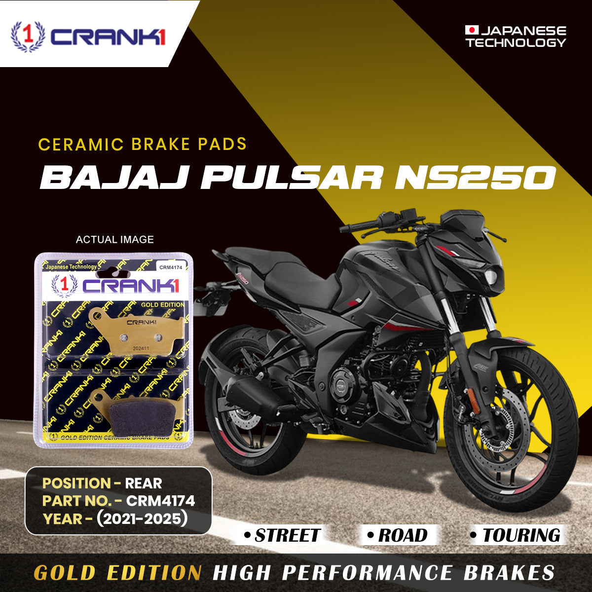 Crank1 Ceramic Brake Pads For Bajaj Pulsar NS250 (2021-2025) - Rear - CRM4174