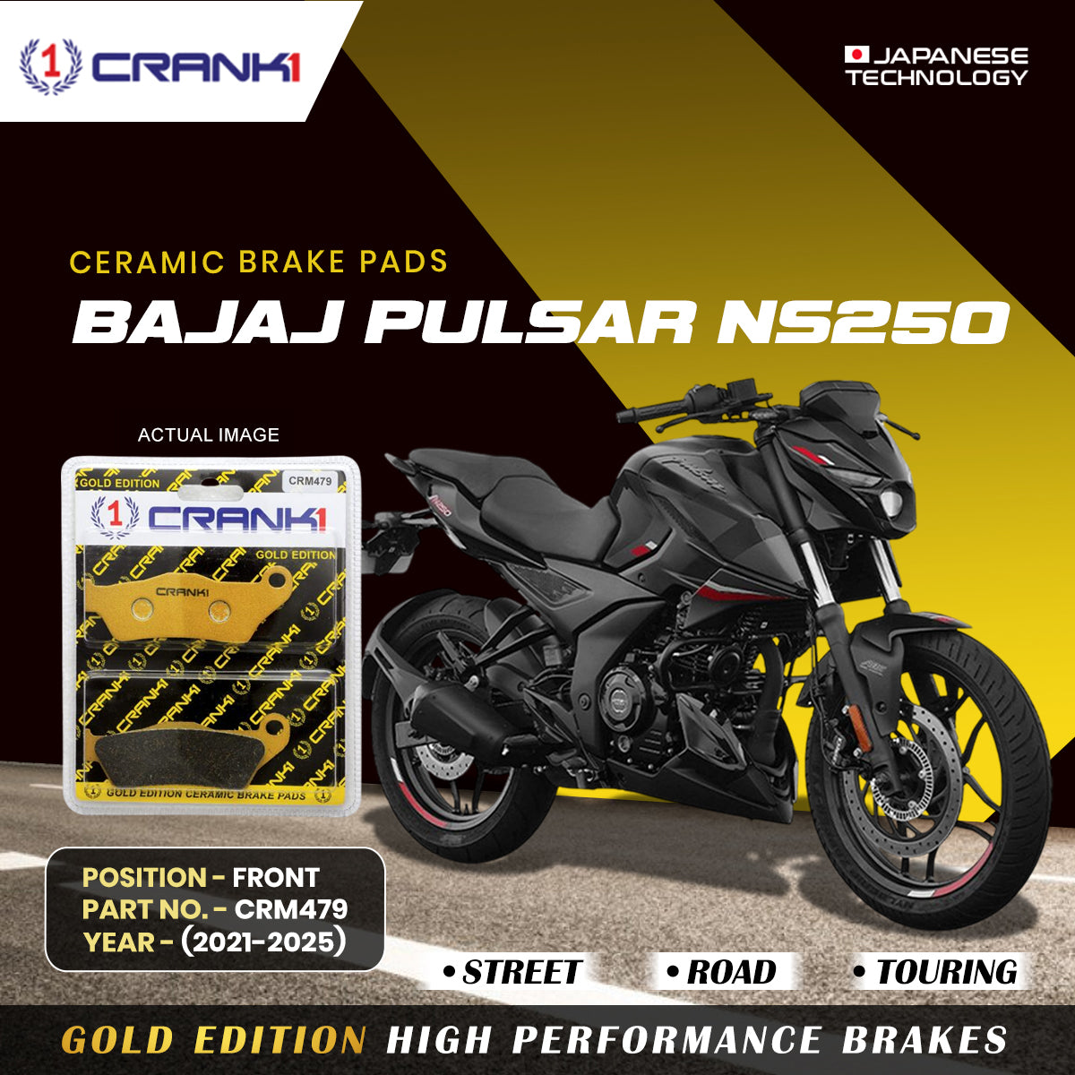 Crank1 Ceramic Brake Pads For Bajaj Pulsar NS250 (2021-2025) - Front - CRM479